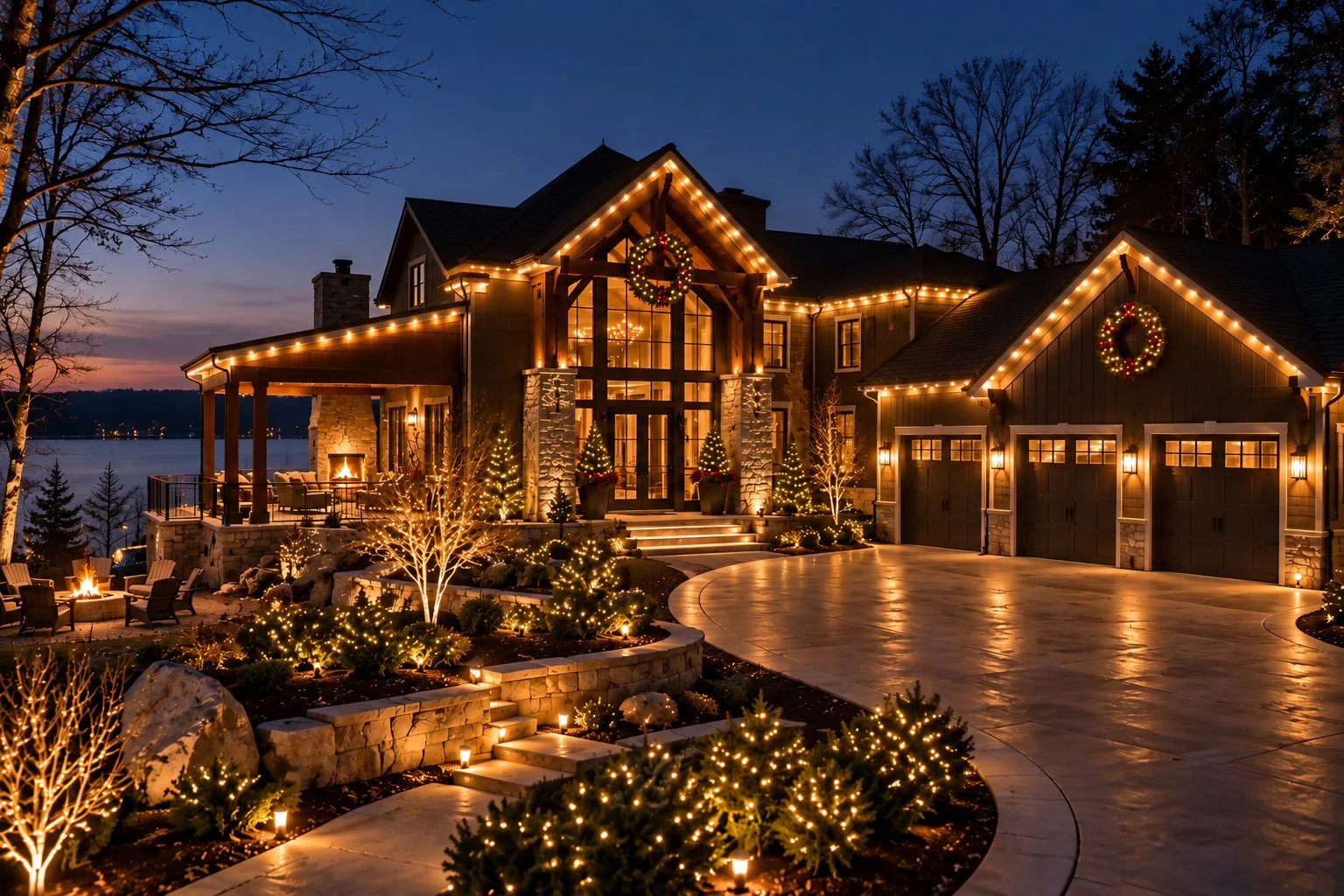 Lakeside home at dusk with warm roofline and landscape lighting
