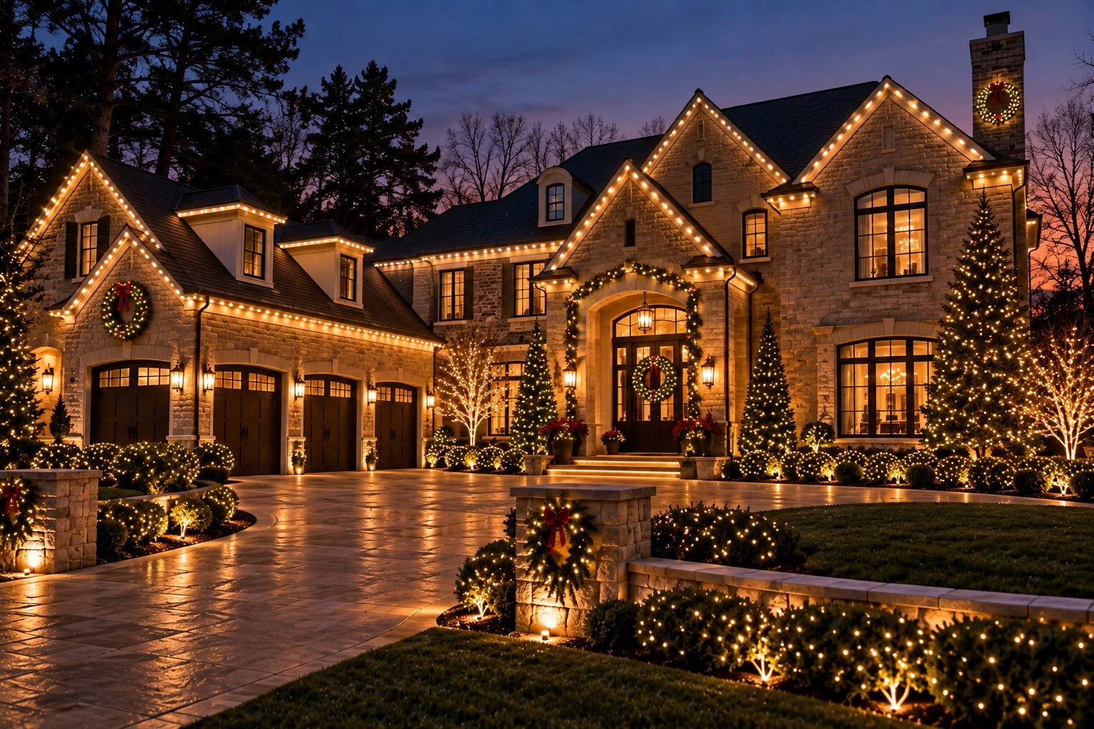 Stone home at dusk with Christmas lights along the roofline, wreaths, and lit trees and shrubs