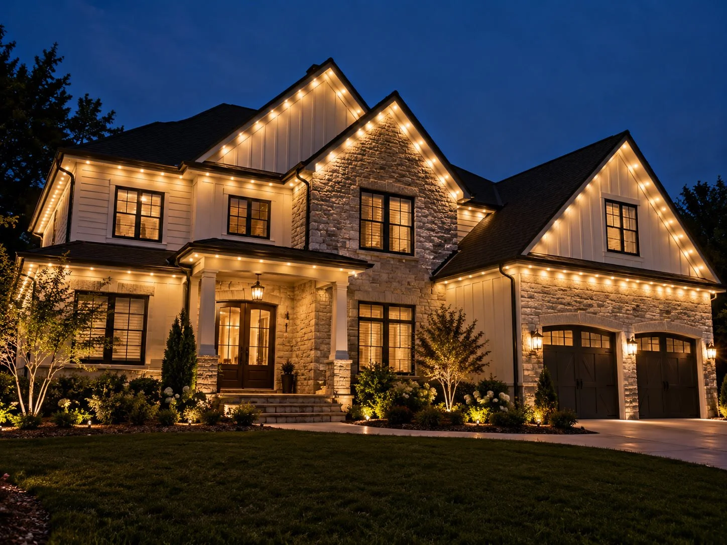 Two-story home at dusk with warm permanent roofline lighting