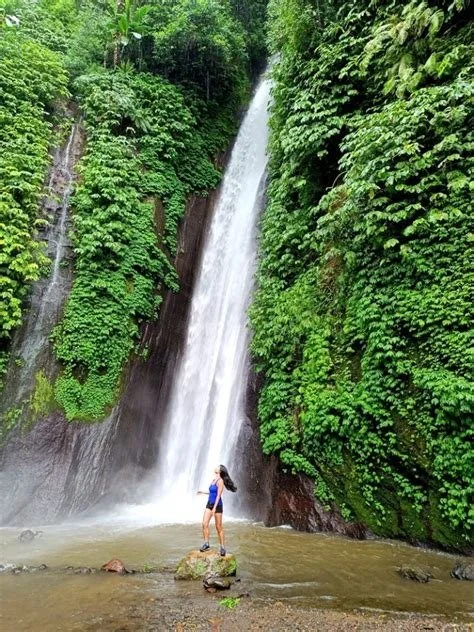A woman standing on a rock in a shallow stream, looking at a tall waterfall cascading down a lush, green cliffside.