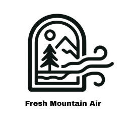 Minimalist line drawing of a nature scene with a tree, mountain, sun or moon, and flowing lines representing wind or water inside a rounded frame.