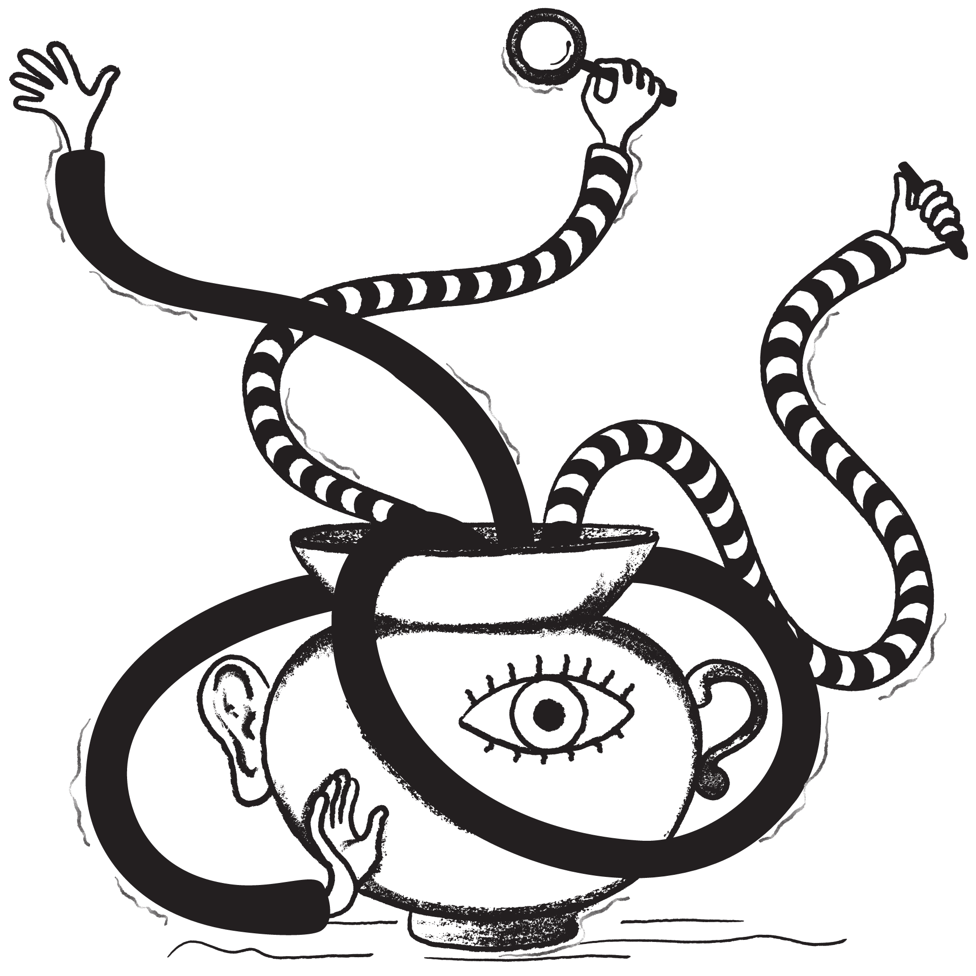 Black and white illustration of arms emerging from a bowl or pot with an eye and hand motif.