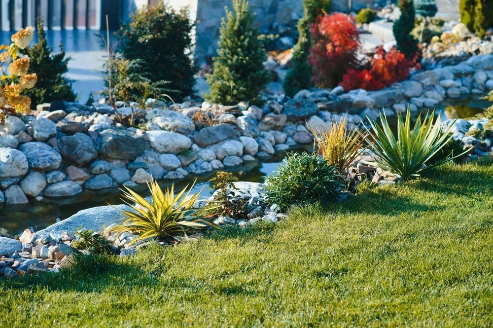 Small decorative rock river with grass and stone landscaping in a Highlands Ranch xeriscape design by RDS Hardscape.