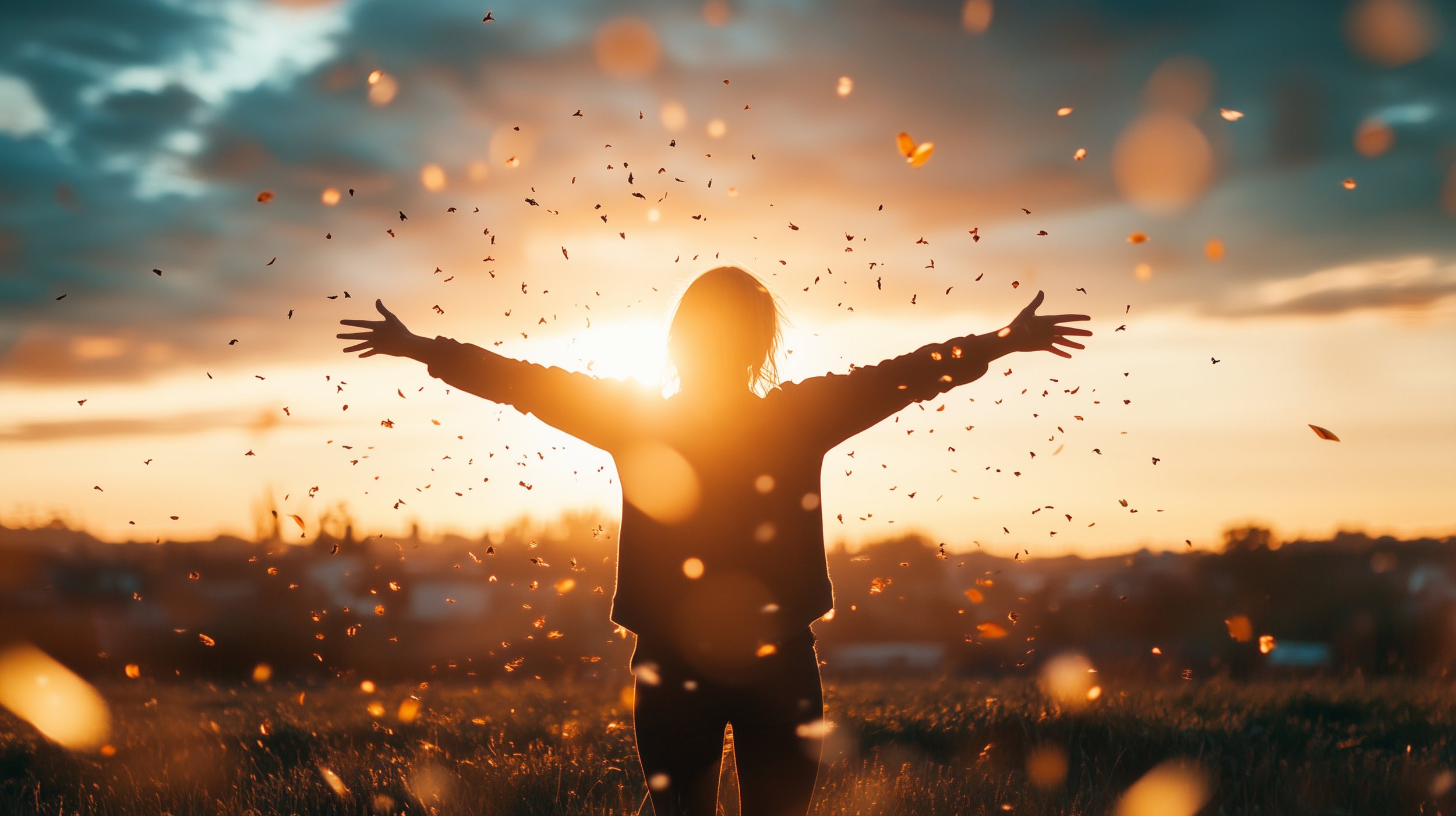 Person standing outdoors at sunset with arms outstretched, surrounded by floating particles, with the sun behind them.