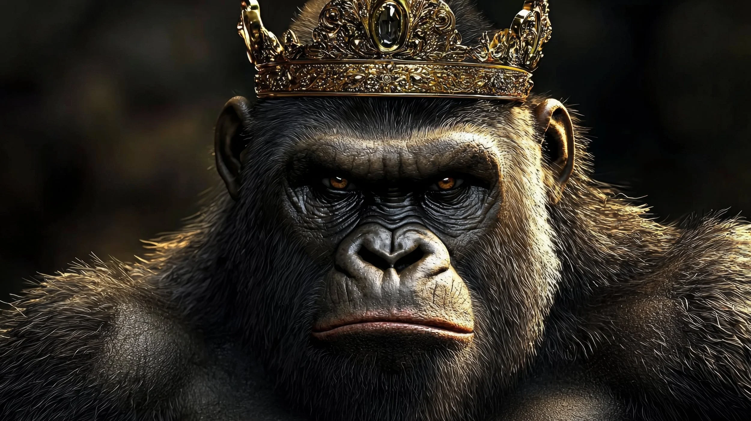 A realistic gorilla wearing a gold crown on its head, with a serious expression, set against a dark background.