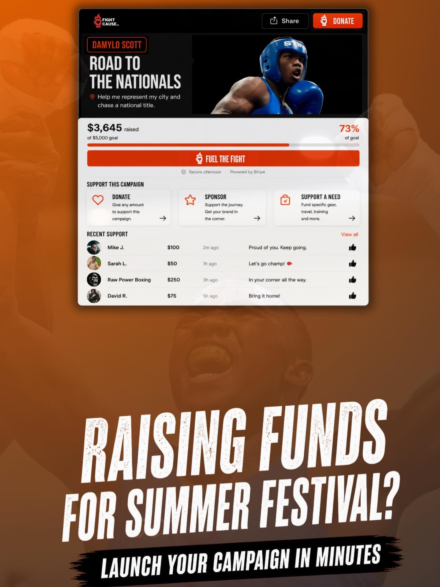 Summer Festival is coming.

Fighters across the country are preparing&mdash;and the reality is, travel, training, and competition costs add up fast.

FightCause was built to make fundraising simple for the fight community.

Launch your campaign, shar