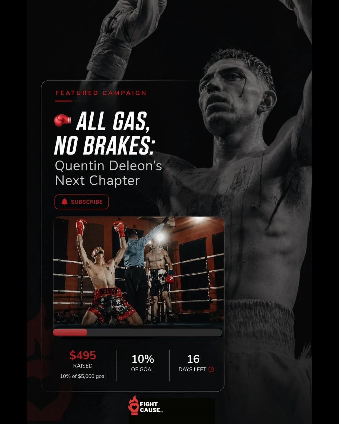 Every campaign has a story behind it.

Travel. Sacrifice. Long hours in the gym. The pursuit of something bigger.

FightCause helps fighters raise support for the road ahead.

More featured campaigns coming soon.

#FightCause #BoxingCommunity #Boxing