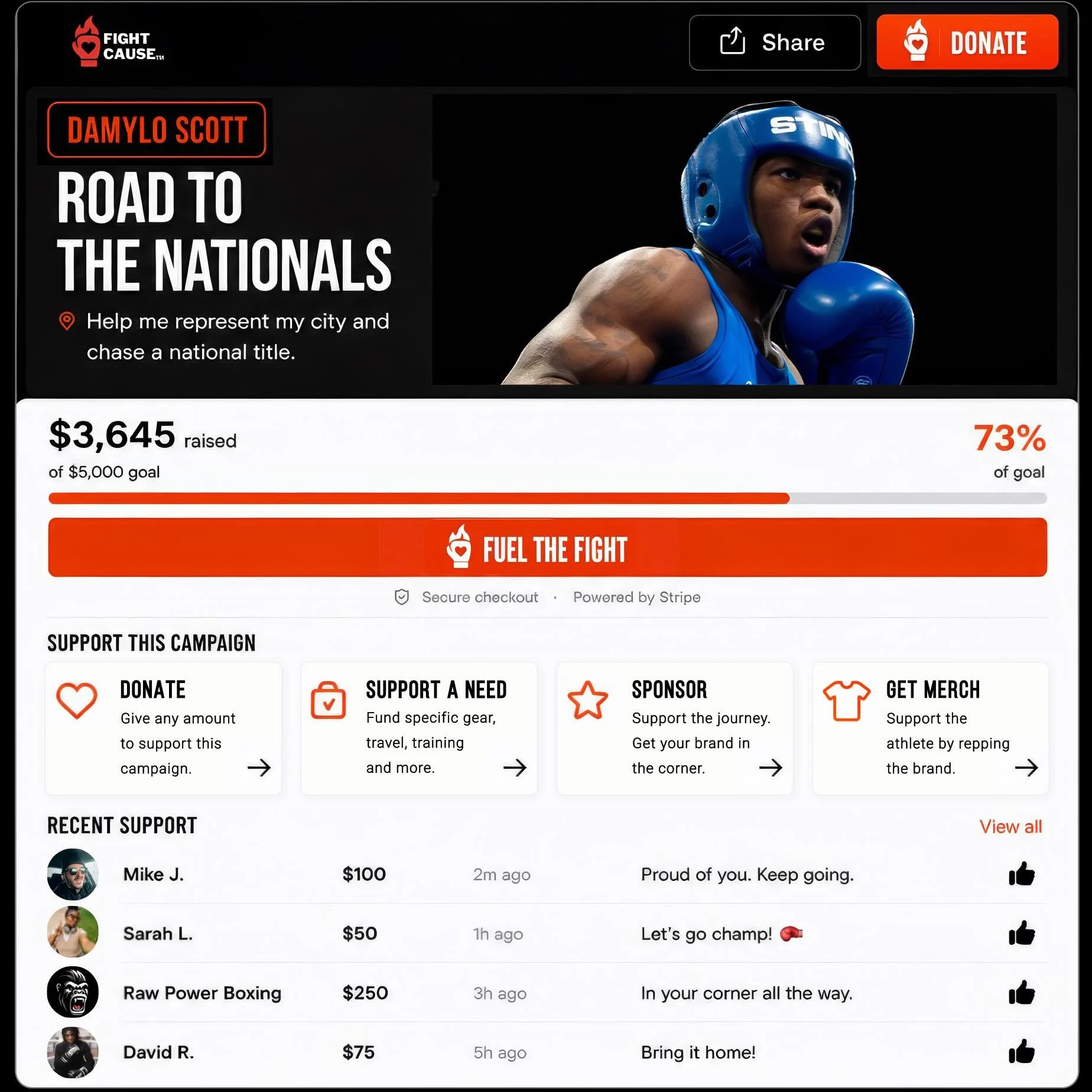 A look at the FightCause campaign experience.

From donations and sponsorships to merch and Support a Need, FightCause is designed specifically for the boxing community.

Built for fighters, coaches, gyms, and organizations.

fightcause.io

#FightCau
