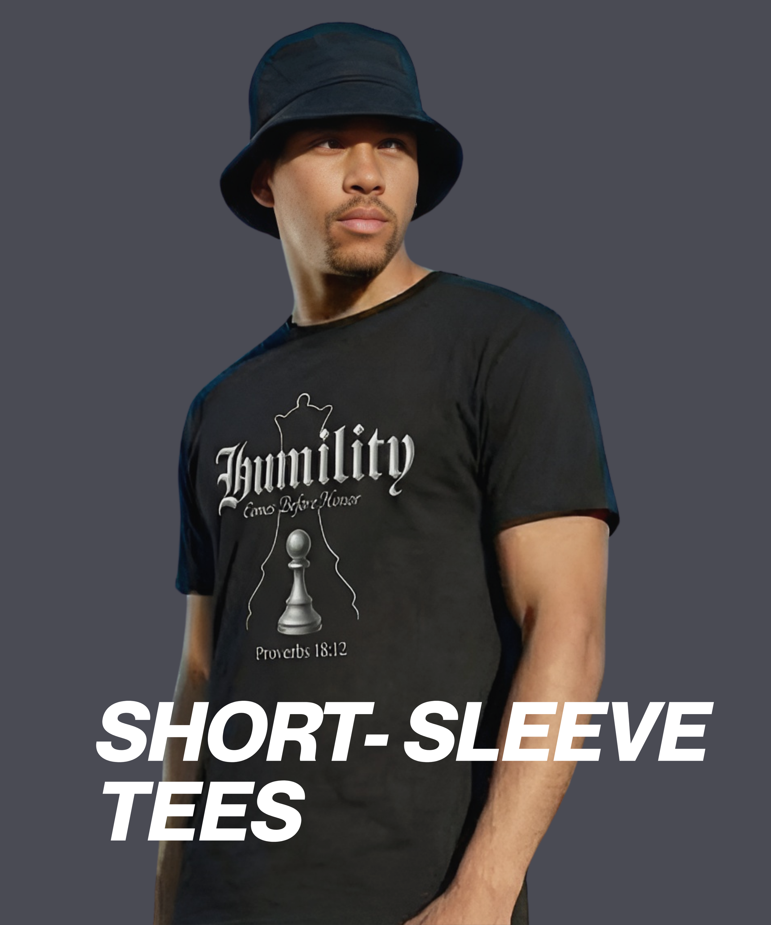 Man wearing a black short-sleeve T-shirt with a graphic and text, and a black bucket hat, against a plain background.