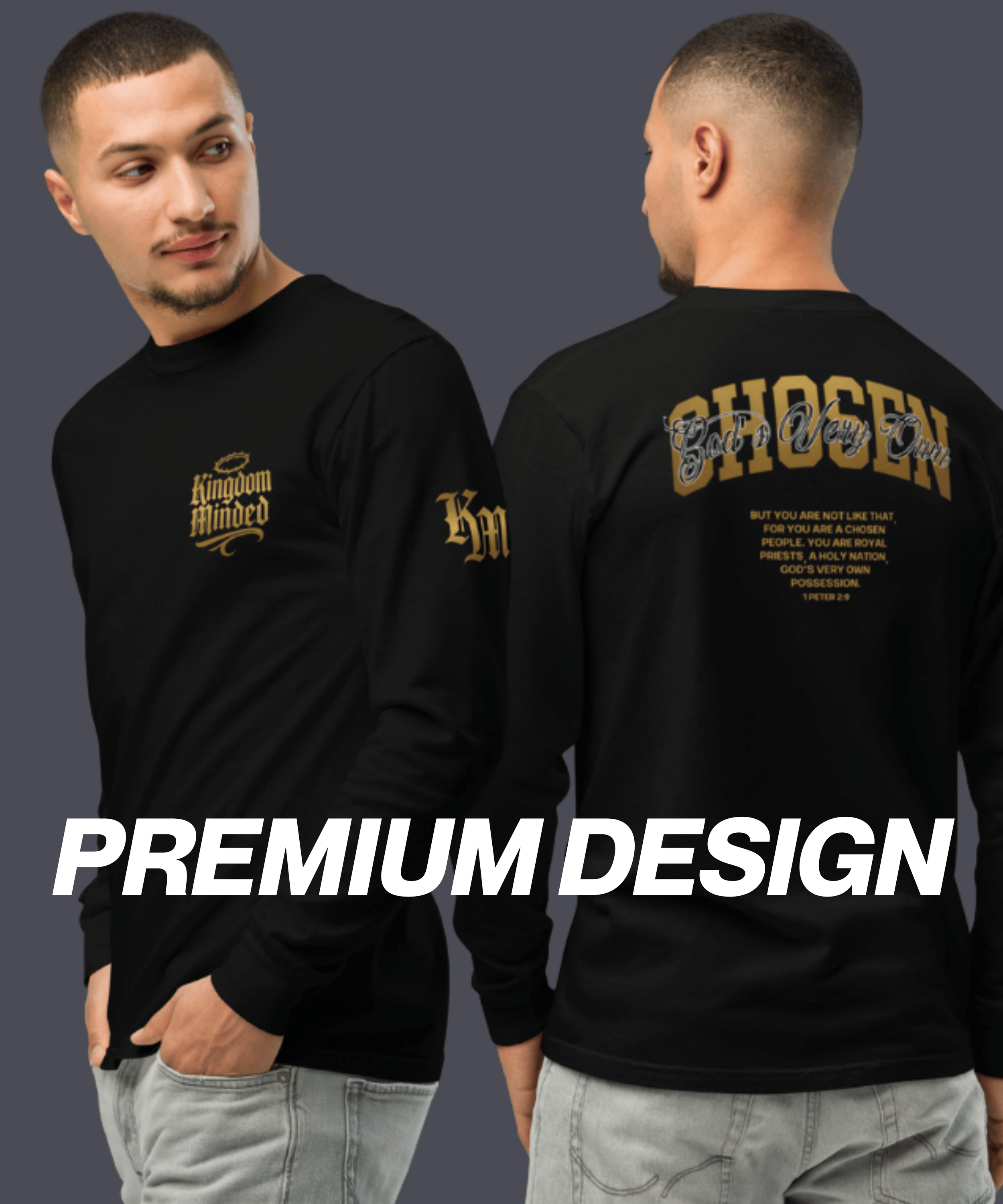 Two men wearing black long-sleeve shirts with gold text, one facing forward and the other with his back to the camera, against a dark gray background.