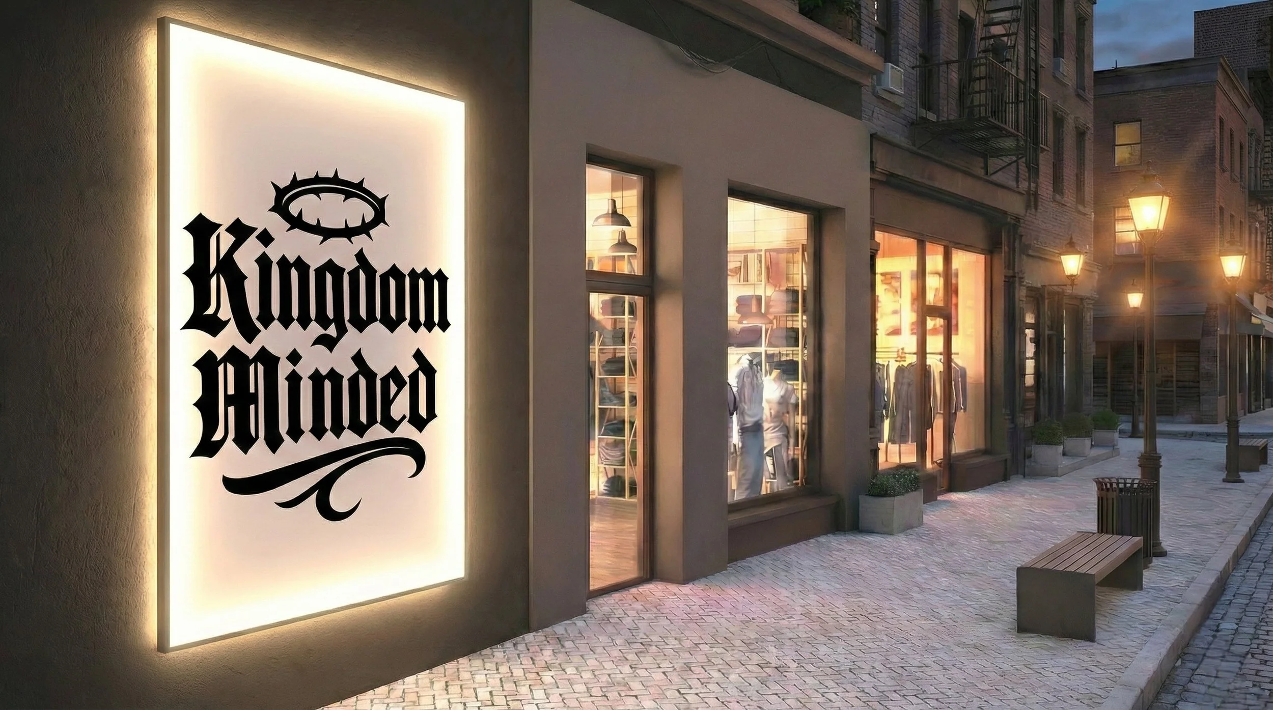 Storefront with a illuminated sign that reads 'Kingdom Minded' featuring a crown-like icon above the text. Large windows display mannequins dressed in casual clothing, and the street is lined with vintage-style street lamps and benches in an urban setting during dusk.