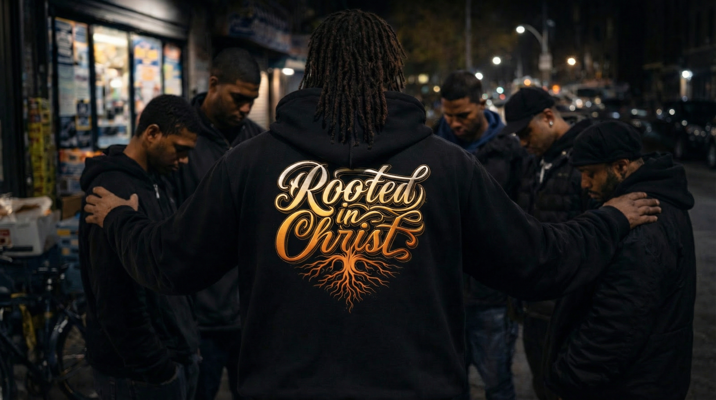 A group of five men standing outside at night, heads bowed and eyes closed, with one man at the center wearing a hoodie that says "Rooted in Christ" with a tree design.