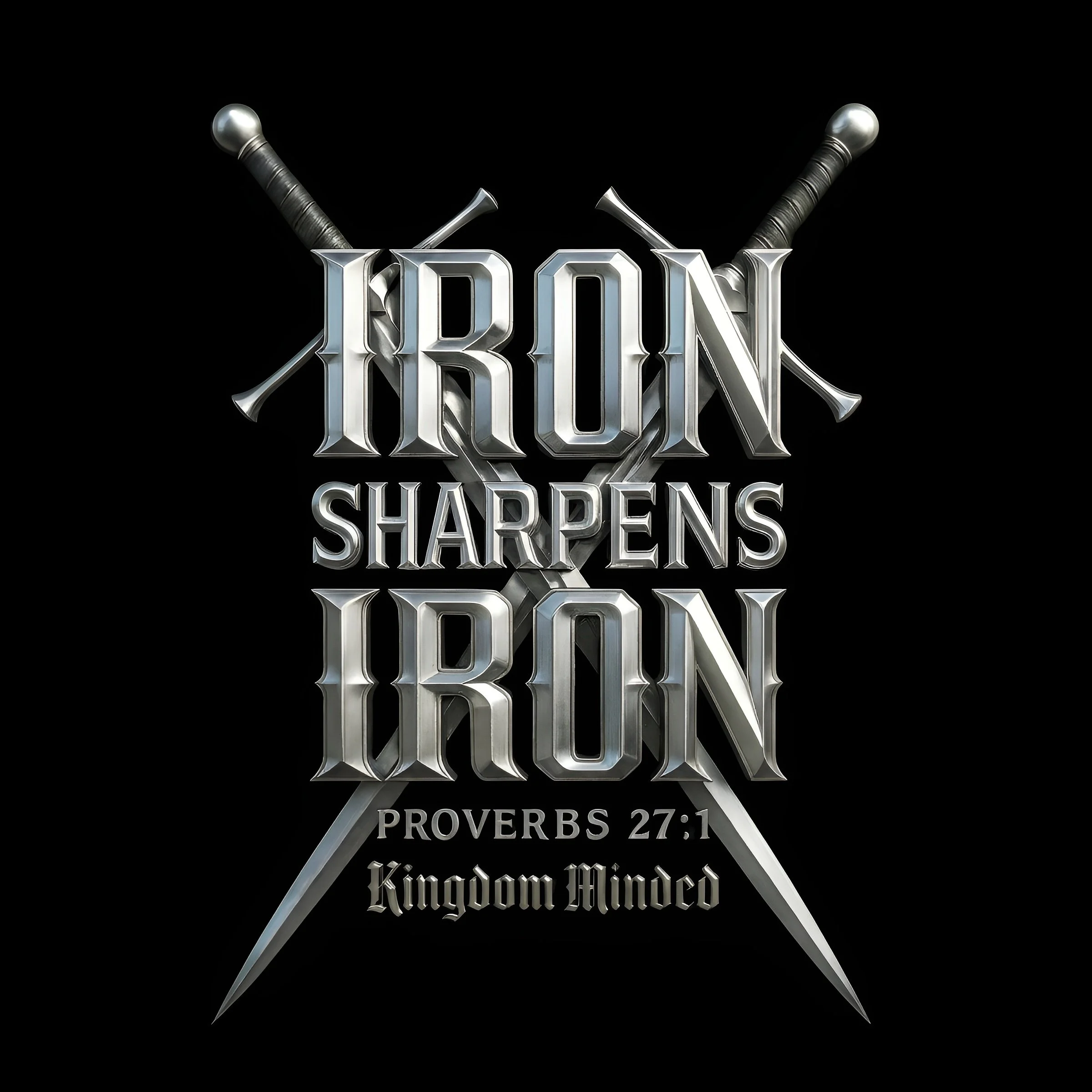 Text reading 'Iron Sharpens Iron' with cross swords behind the words, along with the Bible verse Proverbs 27:1 and the phrase 'Kingdom Minded' on a black background.