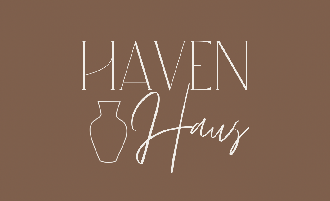 Haven Haus Property Styling Main Logo in a light brown square shape and the white 'haven haus' and an outline of a pot over the top.