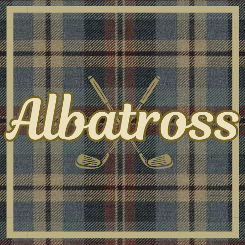 A logo with the word 'Albatross' written in script font over a plaid background, with two golf clubs crossed behind the text.