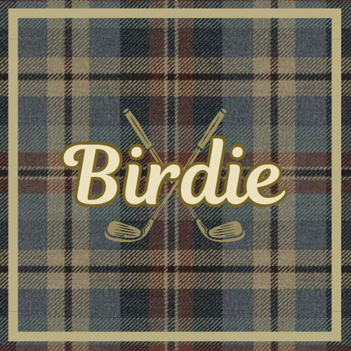 A plaid background with the word 'Burdie' in bold, stylized font and two crossed golf clubs behind the text.