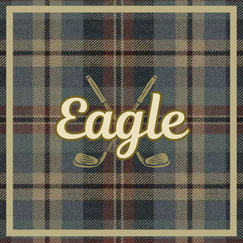 A plaid background with the word 'Eagle' in large cursive font and two crossed golf clubs underneath.