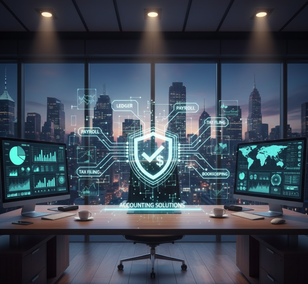 A modern office with a wooden desk, two computer monitors displaying financial data and charts, and a city skyline through large windows. Overlaid graphics include symbols for ledger, payroll, tax filing, bookkeeping, and accounting solutions, with a shield icon and a checkmark.