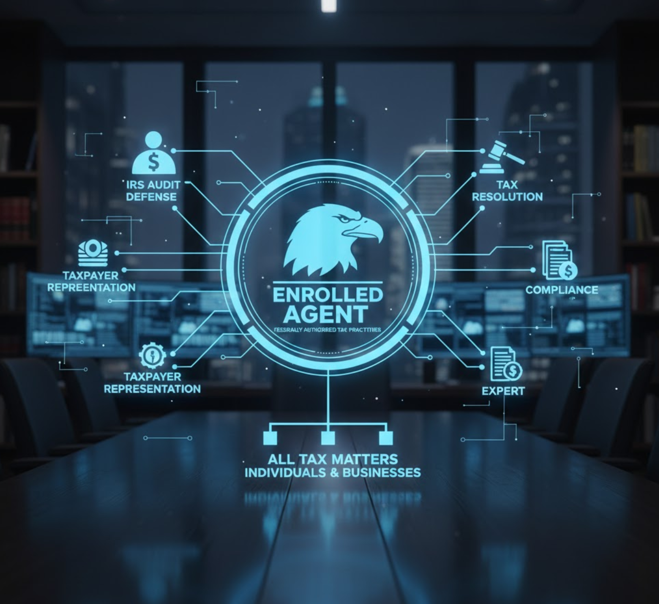 Digital graphic of an eagle emblem with text indicating an enrolled agent involved in tax matters, surrounded by icons and labels for IRS audit defense, taxpayer representation, tax resolution, compliance, expertise, and all tax matters for individuals and businesses, set against a dark conference room background.
