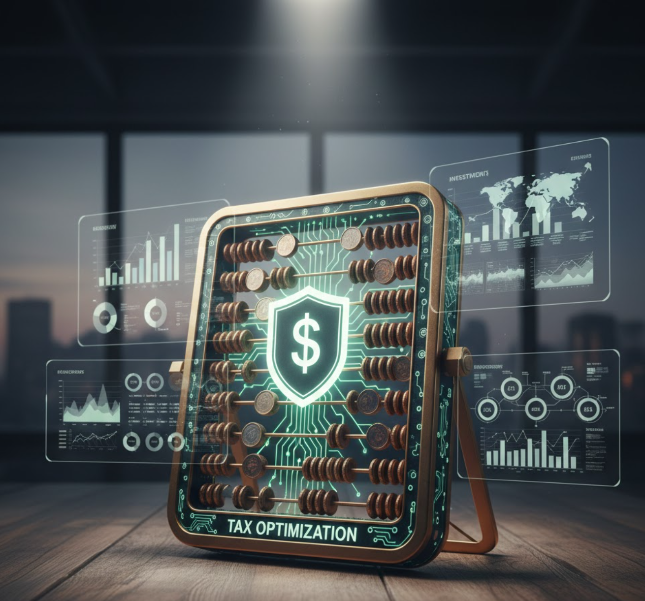 An electronic abacus with a glowing dollar sign shield on its front, labeled 'Tax Optimization', surrounded by digital graphs and charts representing financial data and global markets.