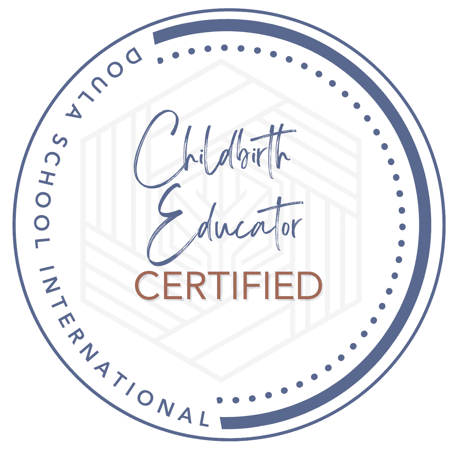 A certification badge with a circular design, featuring the words 'Childbirth Educator Certified' in the center, and phrases around the border indicating it is issued by the International Childbirth Education Association.