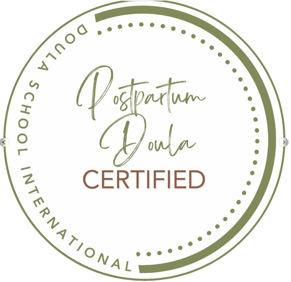 Postpartum doula certification badge from Doula School, featuring a circular design with green and brown text, stating 'Postpartum Doula Certified.'