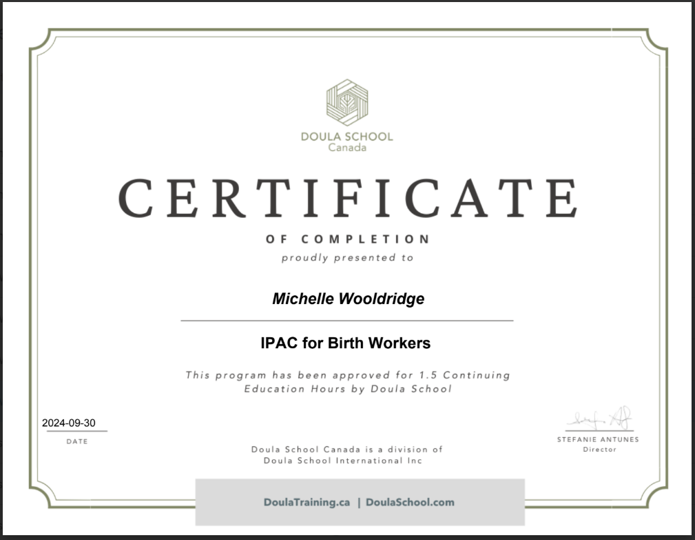 A certificate from Doula School Canada awarded to Michelle Wooldridge for a program on Birth Workers, with signature, date, and the school logo.