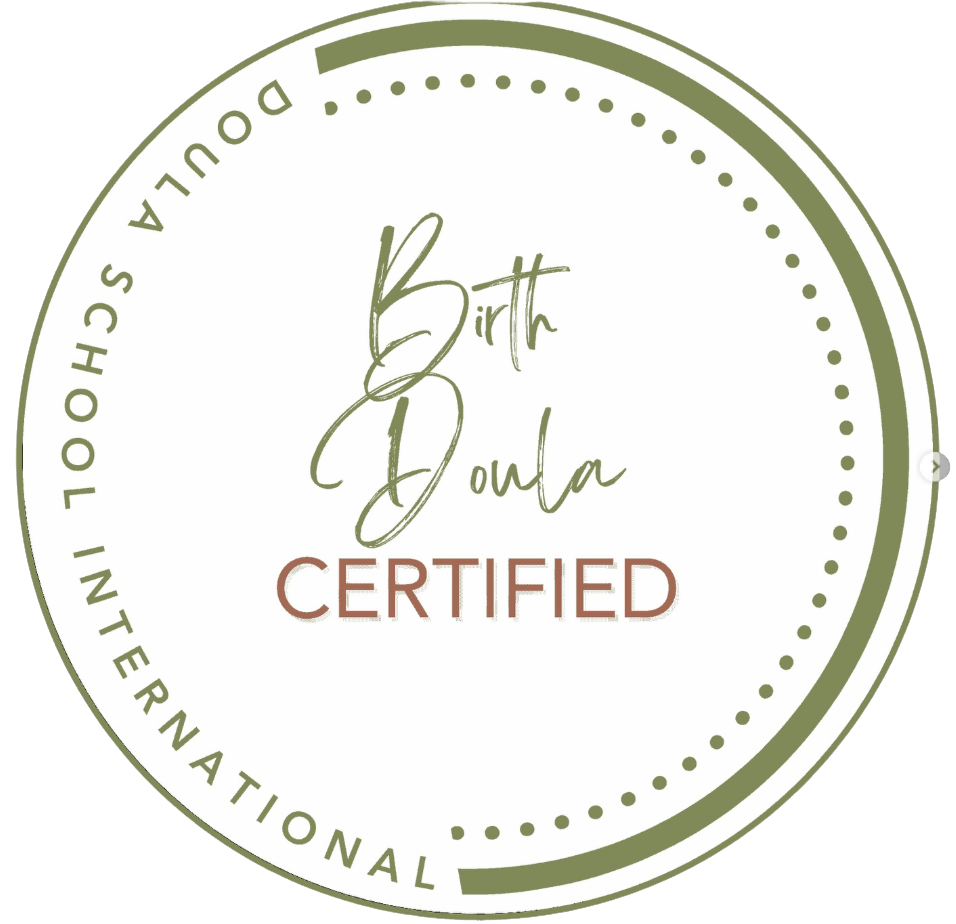 A certification badge with a white background and green border, stating 'Birth Doula' and 'Certified' with text around the edge indicating certification by Doubla School International.