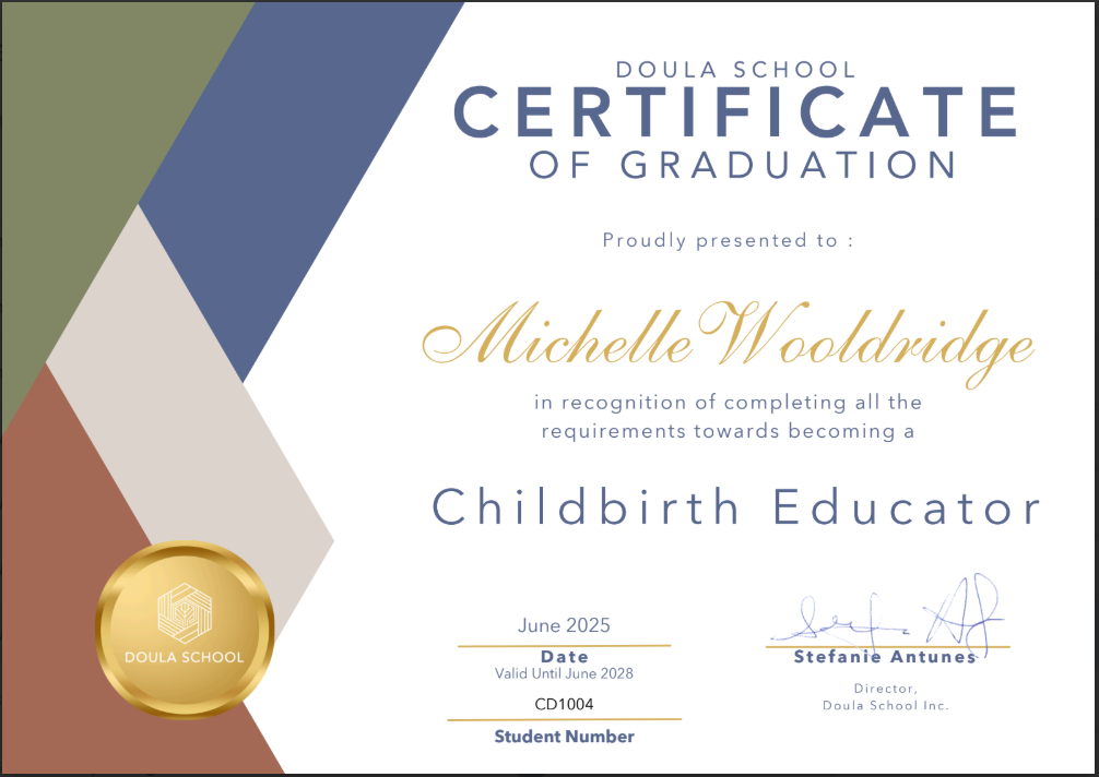 Graduation certificate from Doula School awarded to Michelle Woldridge for Childbirth Educator, issued June 2025 and valid until June 2028, with signature from Director Stefanie Antunes.
