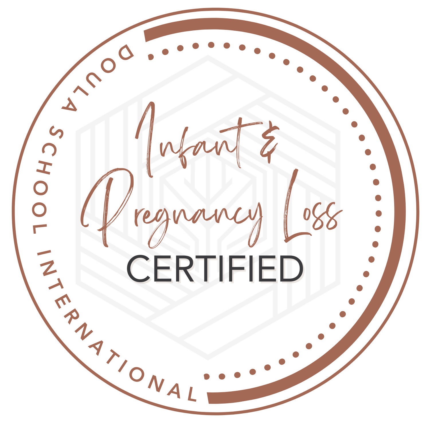Certification badge with the text 'Infant & Pregnancy Loss Certified' and a border that says 'In accordance with International'.
