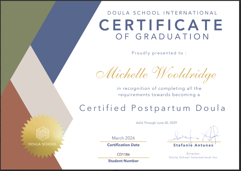 Certificate of graduation from Doula School International awarded to Michelle Wooldridge, recognizing her as a Certified Postpartum Doula, valid through June 30, 2029, signed by Stefanie Antunes.