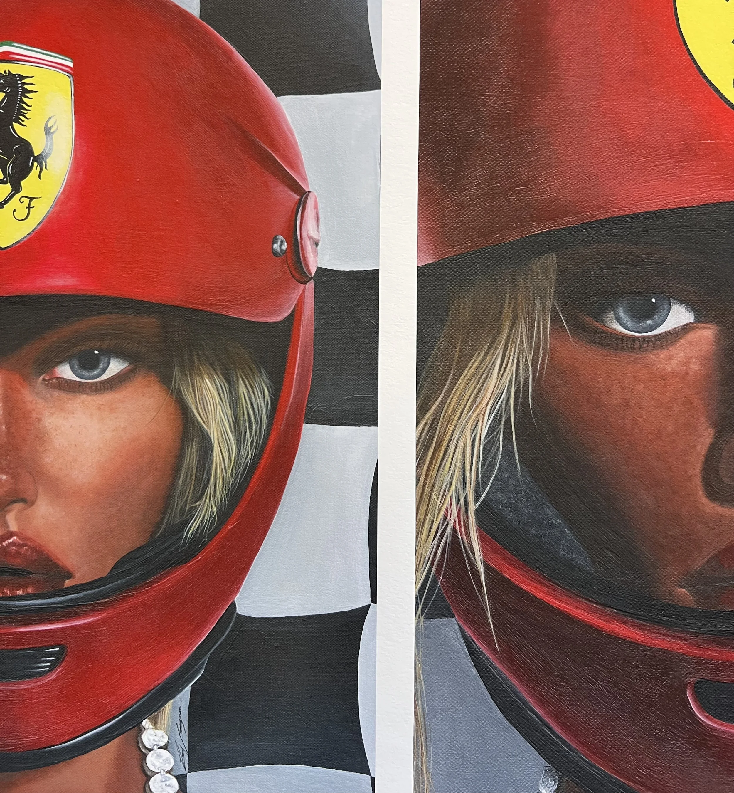 Close-up of a portrait painting of a woman wearing a red helmet with a Ferrari logo, a black and white outfit, a pearl necklace, and blue eyes.