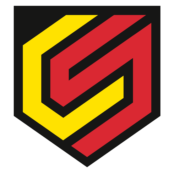 A stylized logo of an interlocking red and yellow shield with a black border.