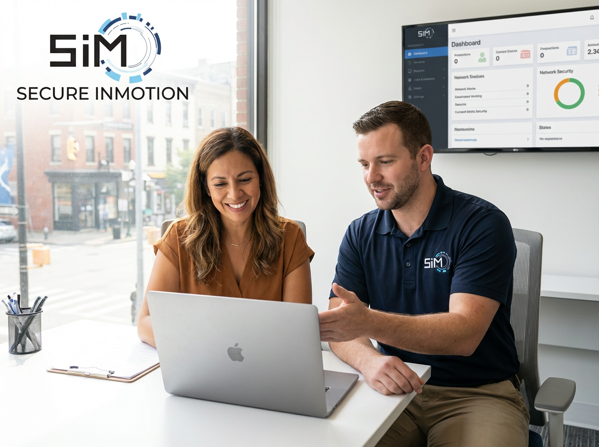 Two people, a woman and a man, sitting at a desk in a modern office, looking at a laptop screen and smiling. The woman has shoulder-length brown hair and is wearing a brown top. The man has short dark hair and is wearing a navy polo shirt with a logo. A large window behind them shows a city street outside. A monitor on the wall displays a dashboard with various charts and statistics.