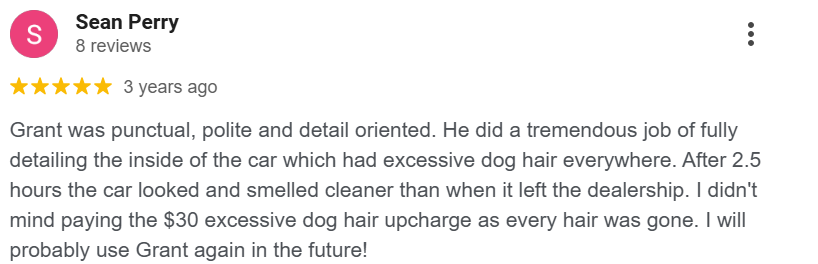 Screenshot of a Google review for a car detailing service with five stars, praising the detailed cleaning of a car's interior and the customer’s satisfaction.