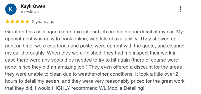 Screenshot of a positive online review for a car detailing service, praising the professionalism, thoroughness, and affordability of the service.