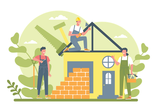Construction workers building a house with bricks, using tools and scaffolding, surrounded by trees and clouds.