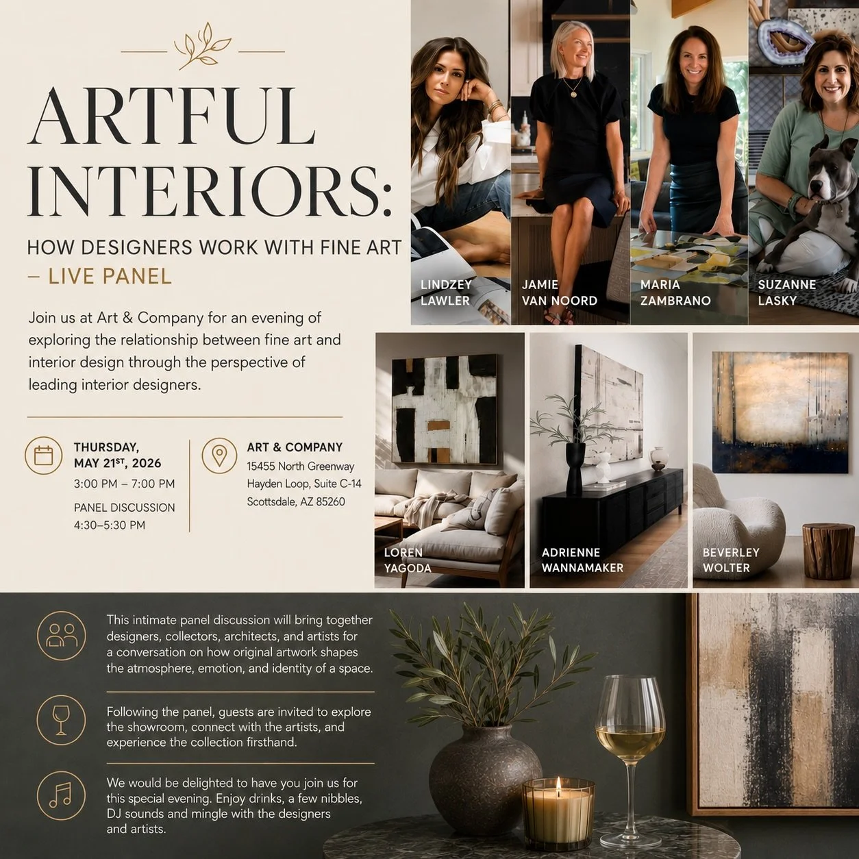Artful Interiors:
How Designers Work with Fine Art - Live Panel
Join us at Art &amp; Company for an evening of exploring the relationship between fine art and interior design through the perspective of leading interior designers.

This intimate panel