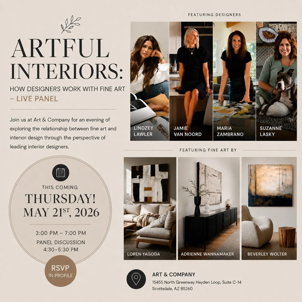 Are you ready? This coming Thursday ✨

Join us at Art &amp; Company for an evening exploring the relationship between fine art and interior design through the perspective of leading interior designers.

An intimate live panel bringing together design