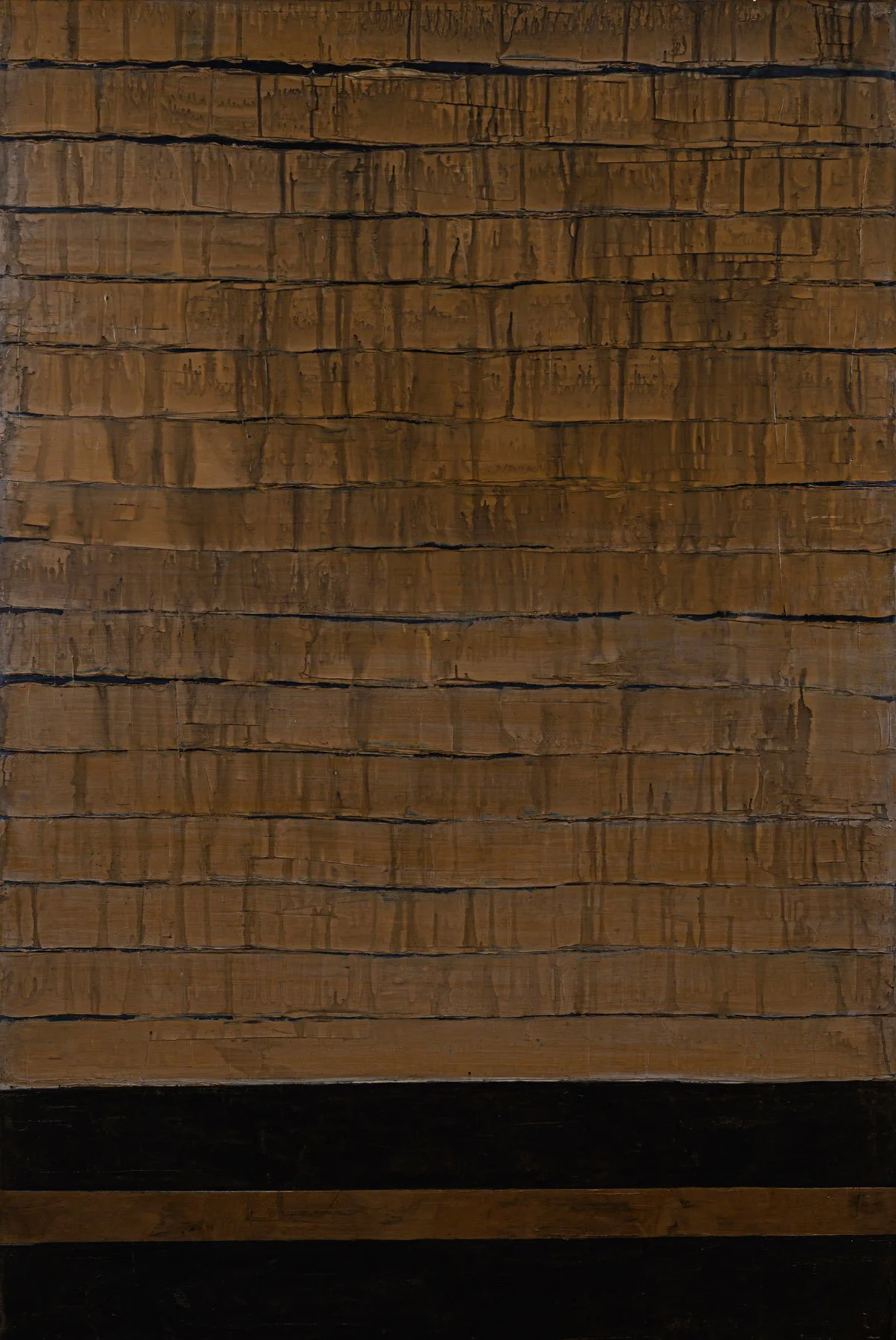 Abstract painting featuring two sections with simplified, stylized representations of a chair or stool. The left side has a beige and gray color scheme, while the right side has black and white elements.