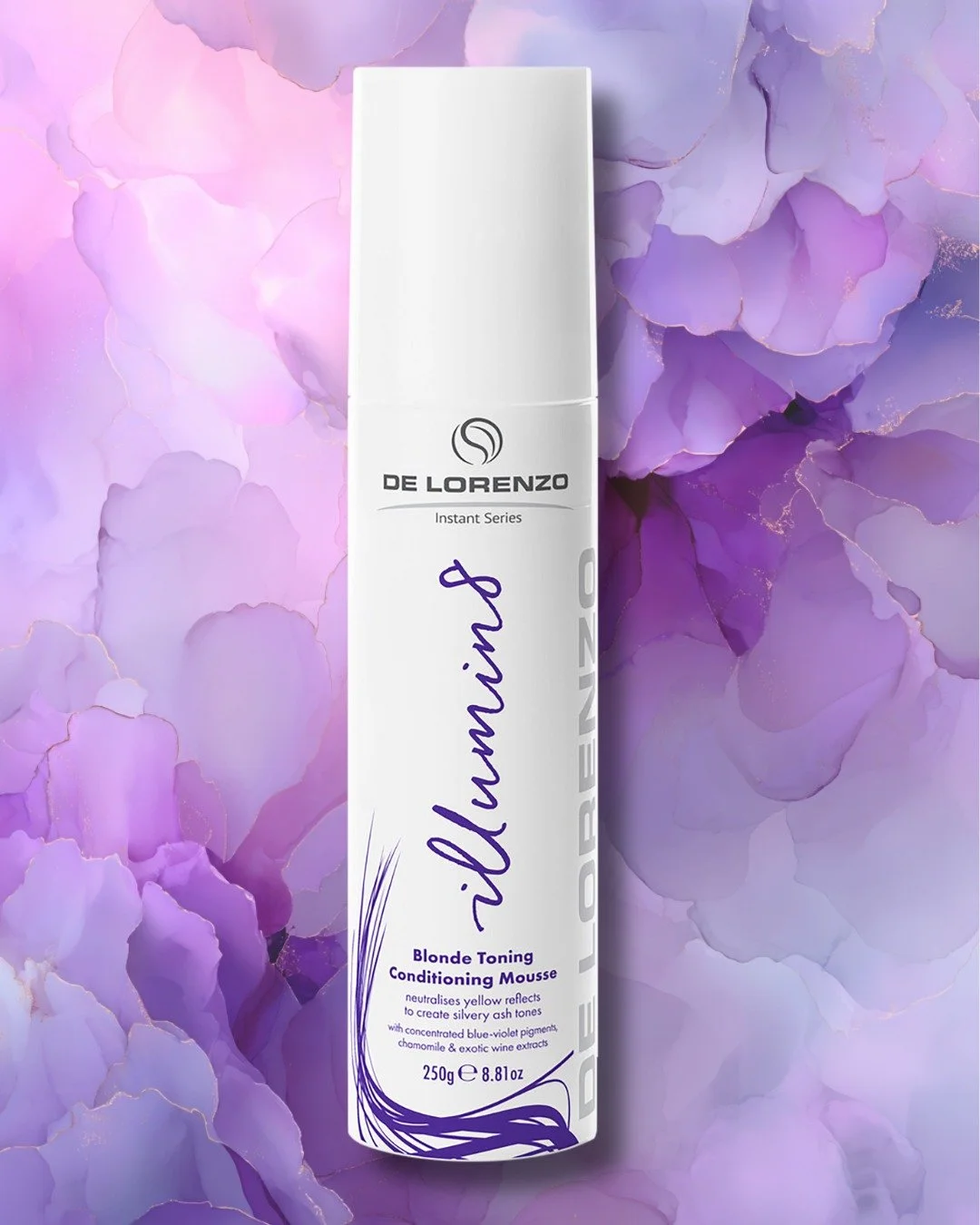 The @delorenzohaircare  Illumin8 Mousse is a blonde toning and conditioning mousse designed to neutralise brassy, yellow tones while enhancing shine, softness, and brightness. Its lightweight, creamy foam is enriched with Baobab Protein, Chamomile, a