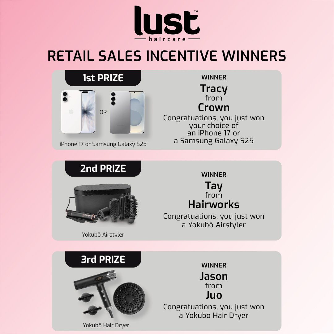 🎉We&rsquo;re excited to announce our winners for the Lust Sales Incentive draw 🎉 &mdash; congrats to all and thanks to everyone who entered. 

We apologise for not having the draw video available due to a technical issue and appreciate your underst