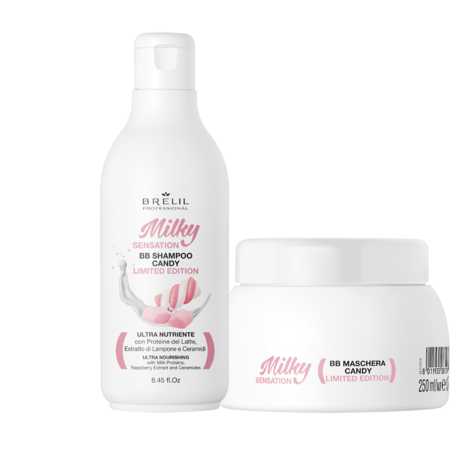 Brelil Milky Sensation bottle of Candy BB Shampoo and jar of candy bb mask