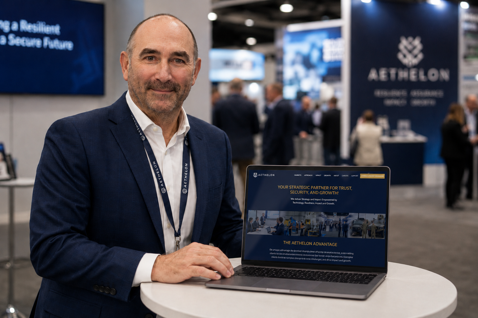 Aethelon digital marketing website displayed on a laptop at an industry expo