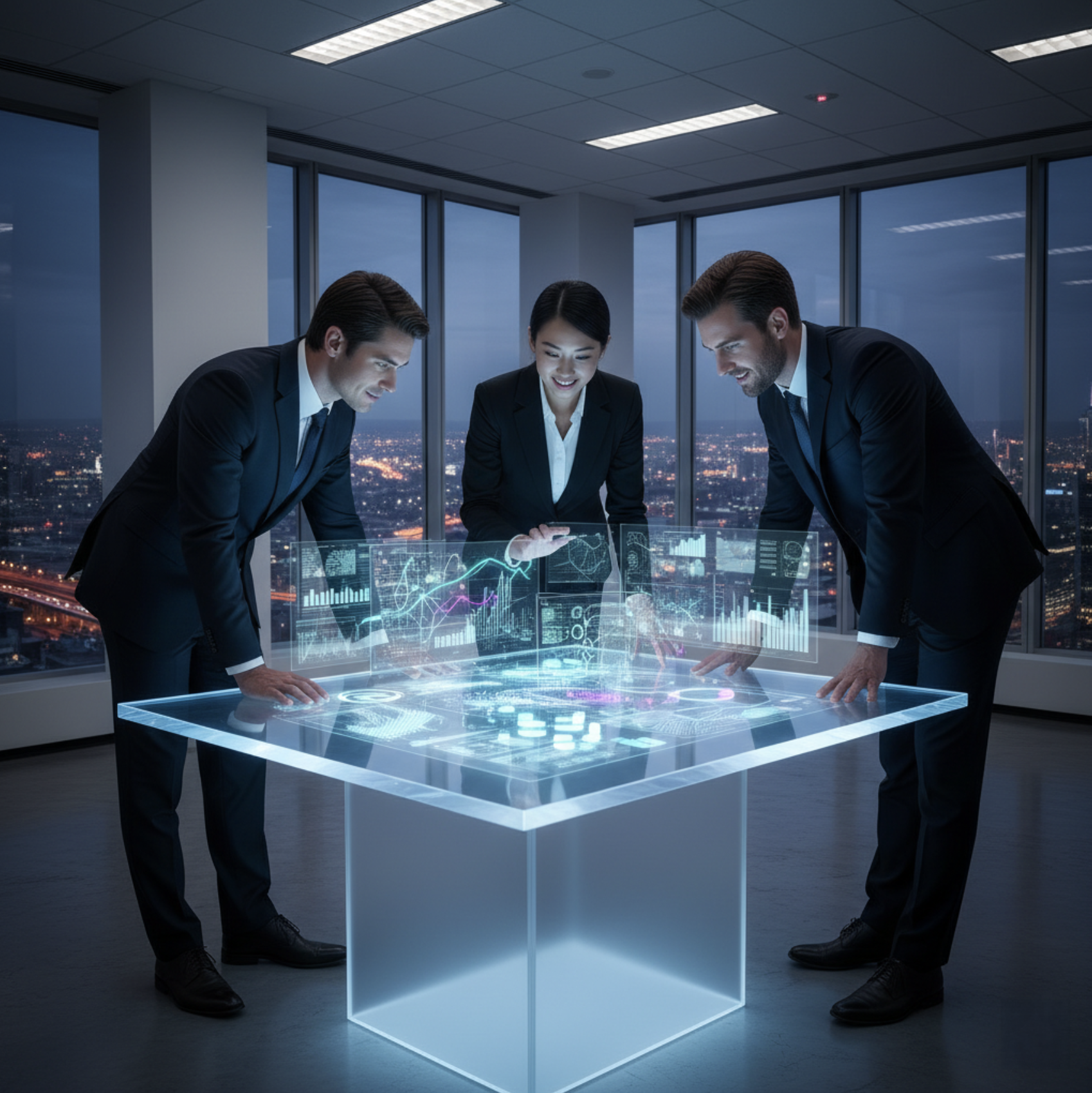 Three business professionals in suits observe a holographic data display on a futuristic table in a high-rise office with a city view at night.