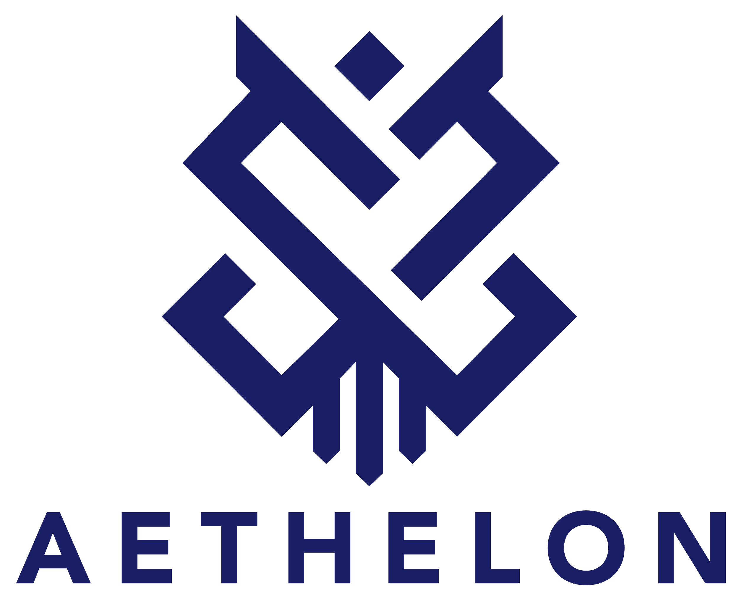 A geometric dark blue logo with the word "AETHELON" written below it.