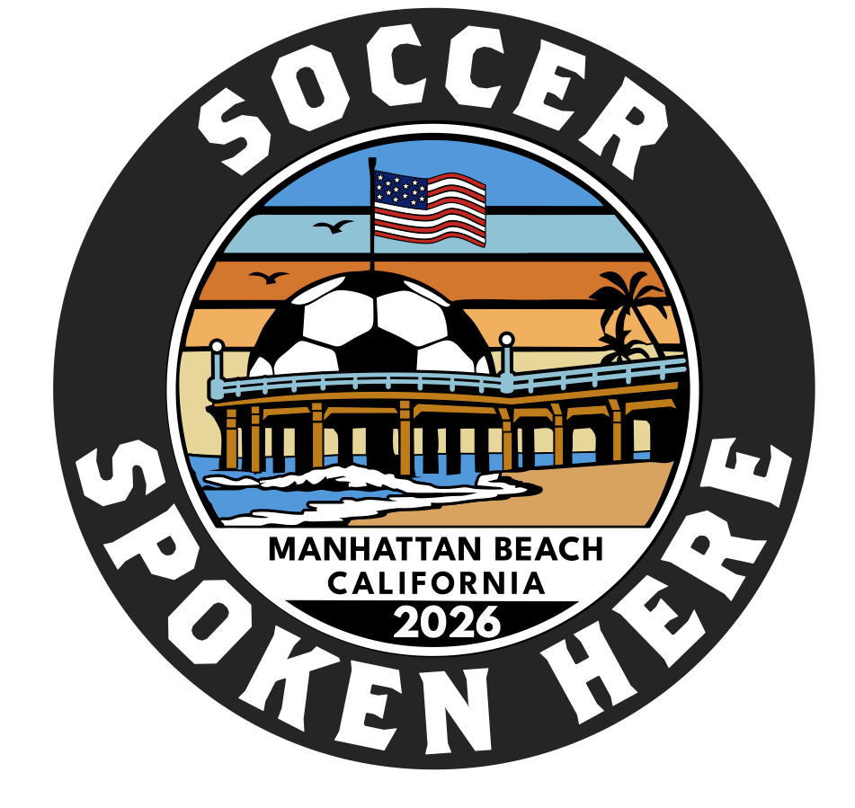 A circular emblem for the 2026 Soccer World Cup held in Manhattan Beach, California, featuring a soccer ball, a bridge, an American flag, a sunset, and palm trees.