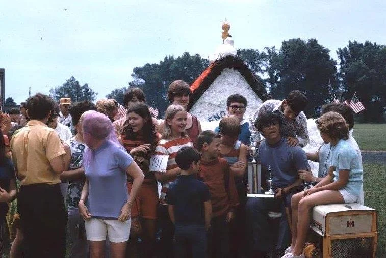 Hopedale Church family with the church 4th of July float, 1972