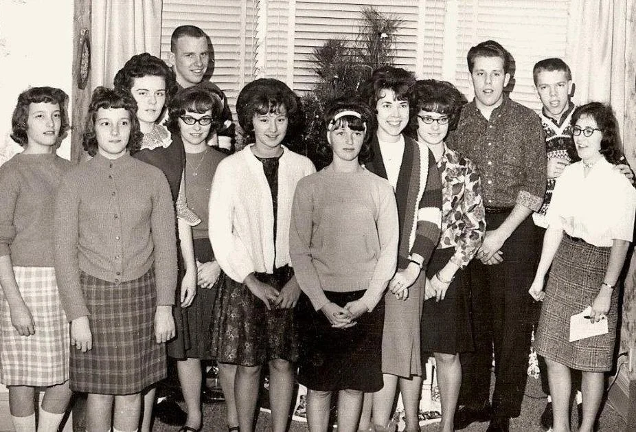 Youth group party at the Gordon and Lela Stalter home in 1964 or 1965. Attendees included Jan and Jean Patton, Bev Schnidgall, Pat and Gene Creek, Colleen Stalter, Debbie Schmidgall, Joy Warner, LaRita Stalter, Ed Gardner, ?