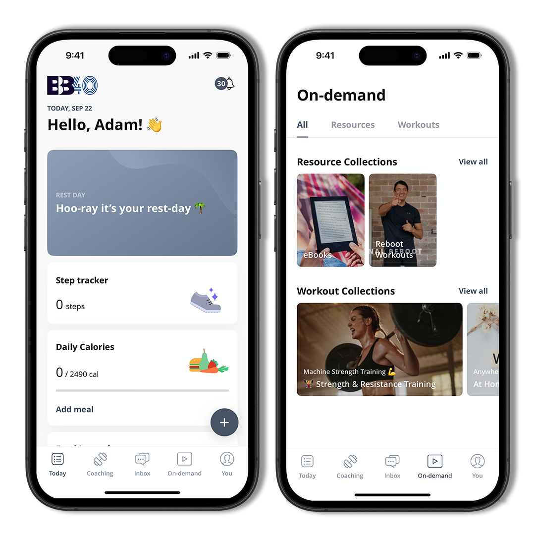 Two smartphone screens displaying fitness and wellness app interfaces. The left screen shows a greeting to Adam, a rest day message, step tracker, and daily calorie count. The right screen shows on-demand resources and workout collections, including eBooks, reboot workouts, and strength and resistance training.